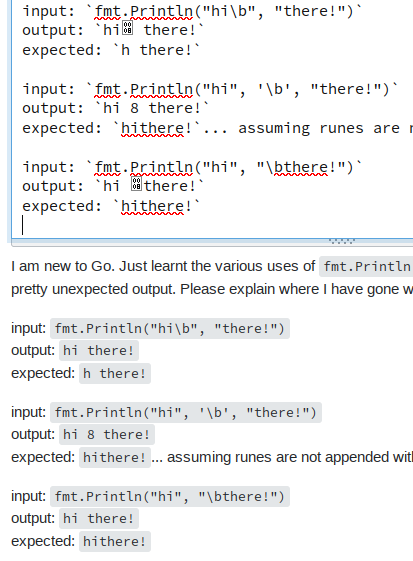 Screenshot of Stack Overflow’s post editor and preview; in the editor, the backspace character is displayed as a [0 0 0 8] code point box.  In the preview below it, the character is invisible.