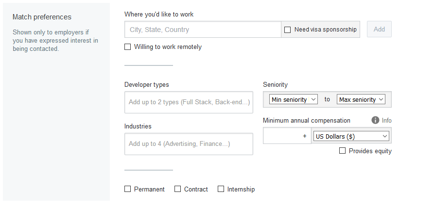 Job Match Preferences section of profile settings