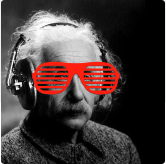 einstein, with headphones and rave glasses