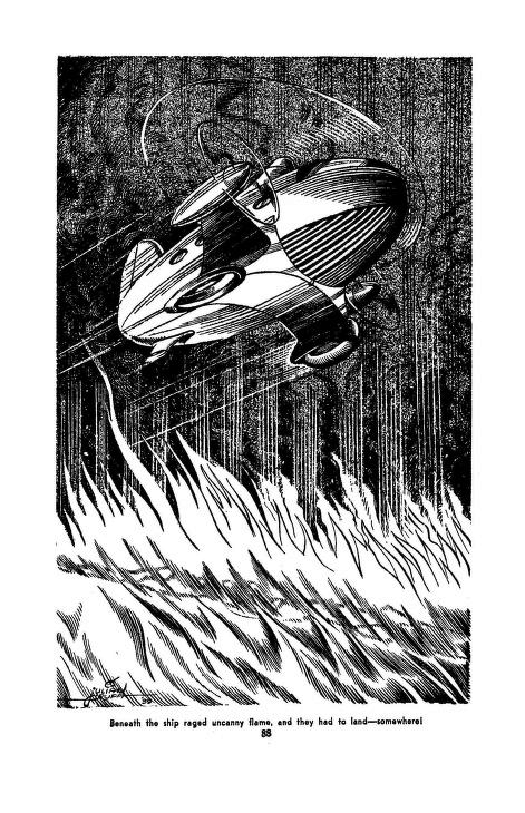 illo from April 1939 Amazing Stories by Julian S. Krupa, illustrating "The Flame from Nowhere" by Eando Binder; shows gyrocopter flying over flames; caption: "Beneath the ship raged uncanny flame, and they had to land—somewhere!"