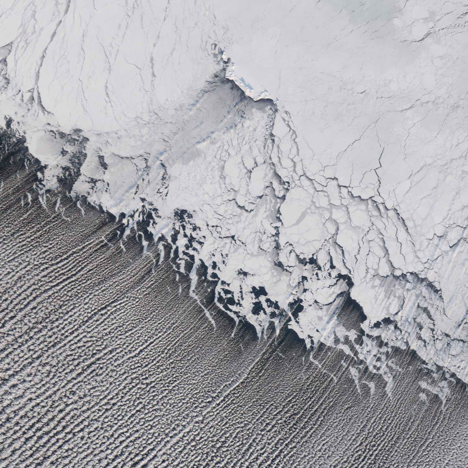 Cloud streets flowing off edge of Bering Sea Ice