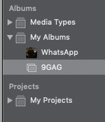 Photos side bar screenshot which shows albums of WhatsApp and 9GAG