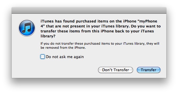 iTunes Transfer Purchases dialog