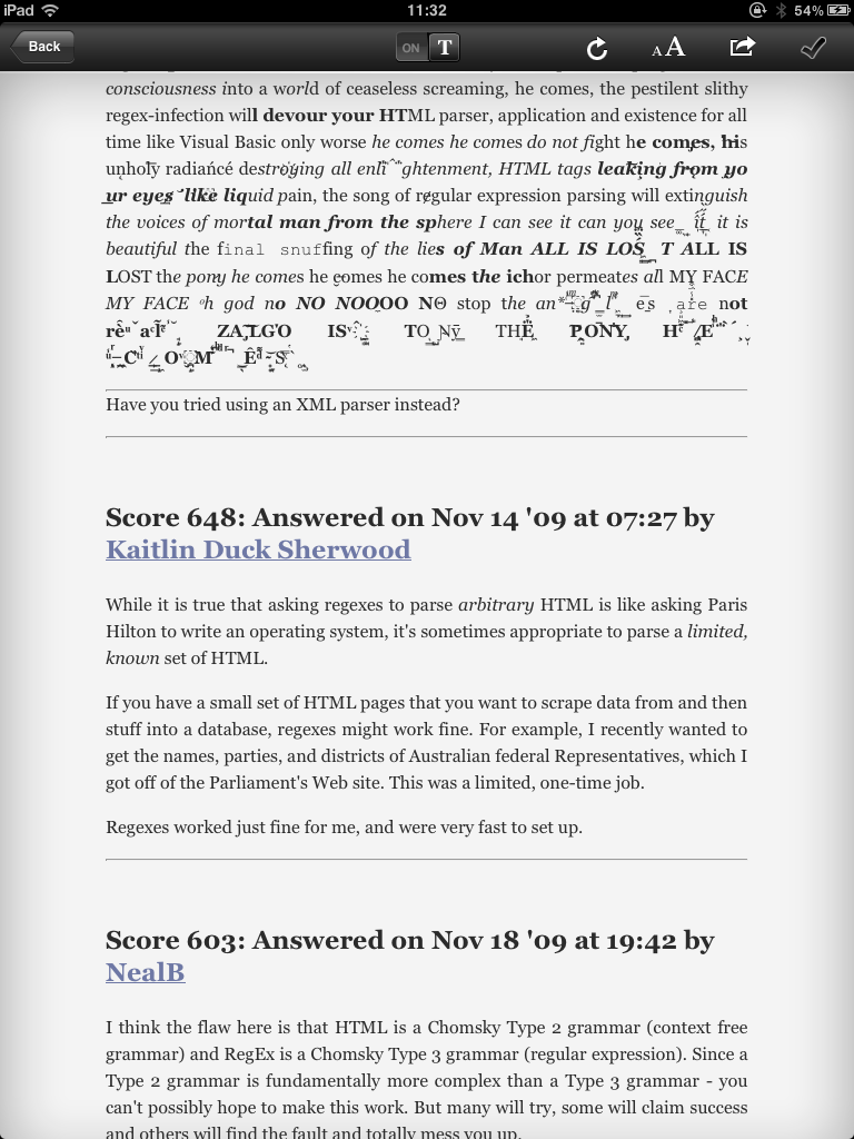 Screenshot of Read It Later on iPad showing popular Stack Overflow topic