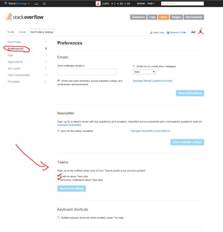 An added "Teams" section in /users/preferences/userid with options to receive inbox and email notifications for team jobs