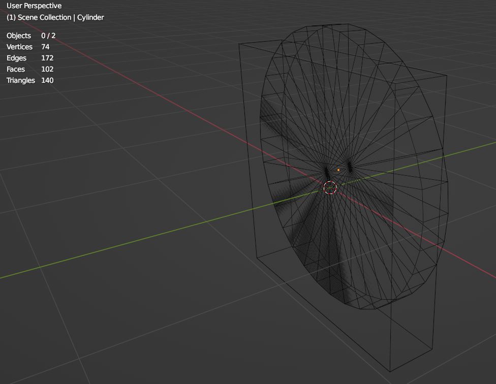 A cylinder and rectangular prism overlap each other. 2 Objects, 74 Vertices, 172 Edges, 102 Faces, 140 Triangles