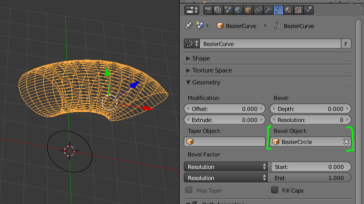 a beveled bezier curve with the relevant properties pane