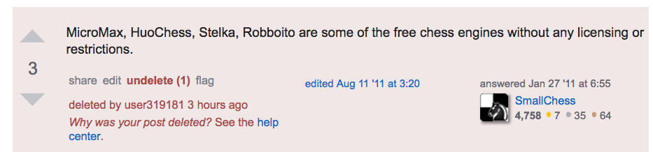 Screenshot of the deleted answer, a list of some free chess engines.