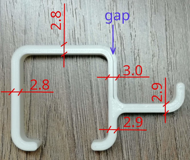 3D printed model of a hook with measurements notated