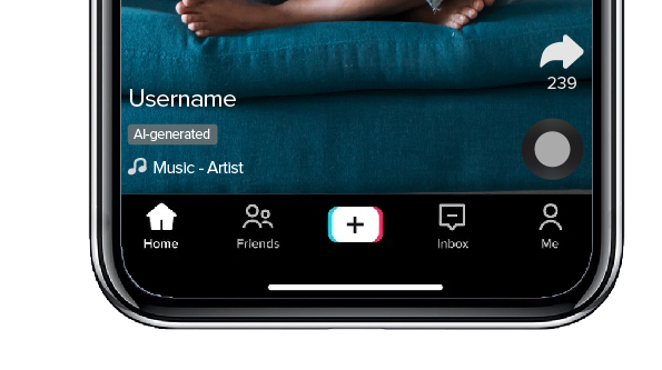 Screenshot of TikTok app with label "AI-generated in video desciption"