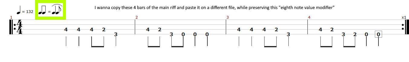 tab with a tempo indication followed by an equation: a pair of eighth notes equal to a slurred quarter note and a eighth note