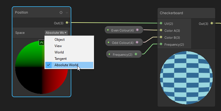 Position node with space = Absolute World plugged into Checkerboard UV