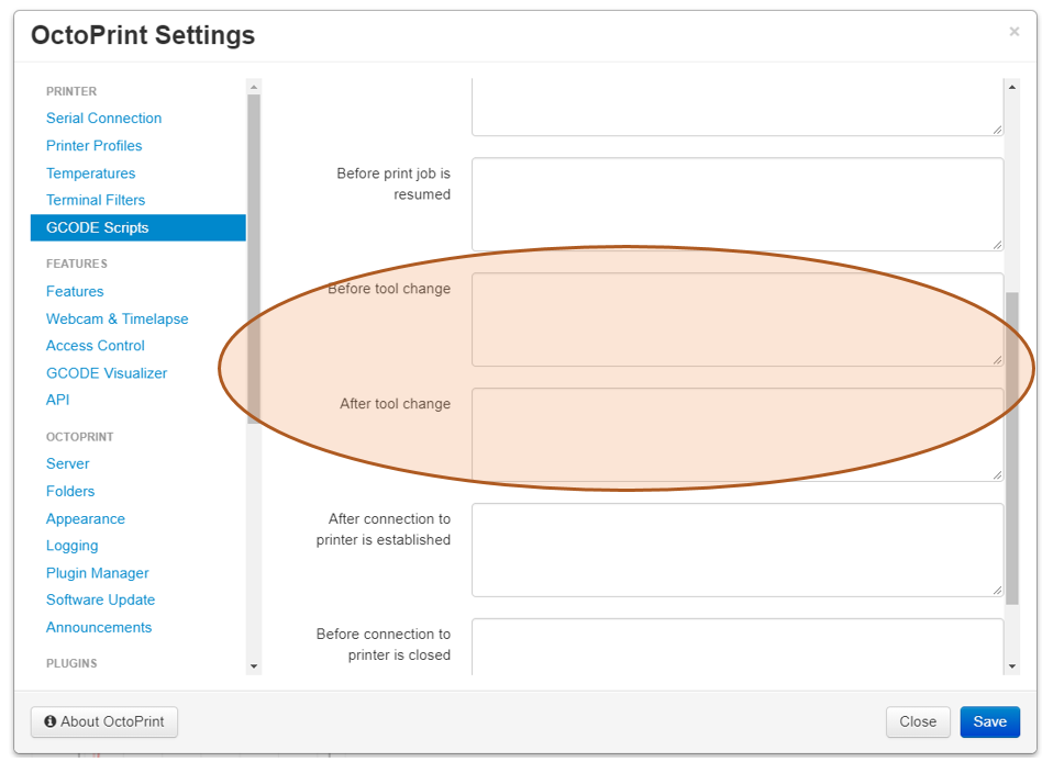 OctoPrint tool change start and end code sections