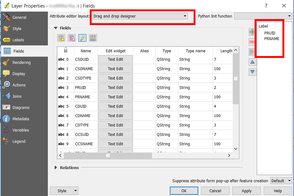 Layer property, field tab