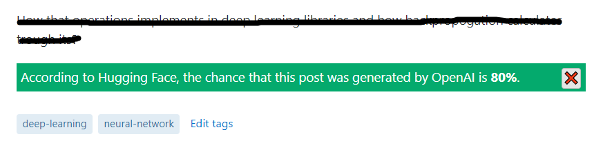 Image: "According to Hugging Face, the chance that this post was generated by OpenAI is 80%."