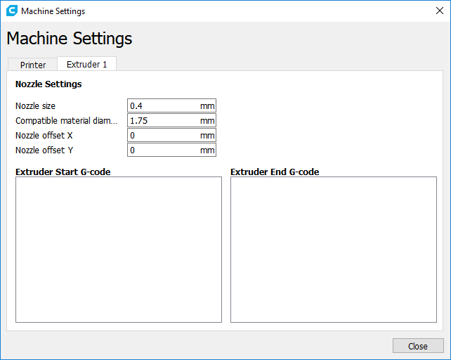 Cura printer extruder start and end code sections