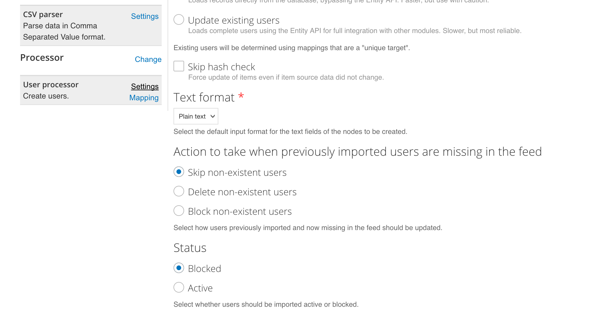 Feeds User Importer Status Settings