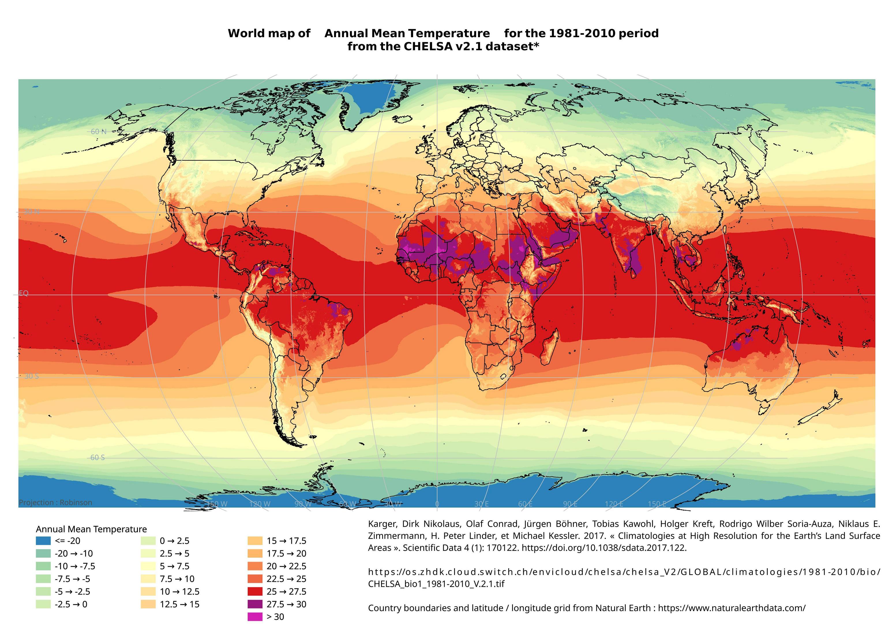 World map of Annual Mean Temperature [°C], for the 1981-2010 period