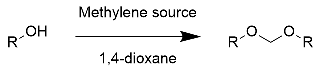 Reaction scheme. Alcohols are treated with a source of a methylene (-CH2- unit) in 1,4-dioxane to produce dialkoxymethanes (R-O-CH2-O-R).