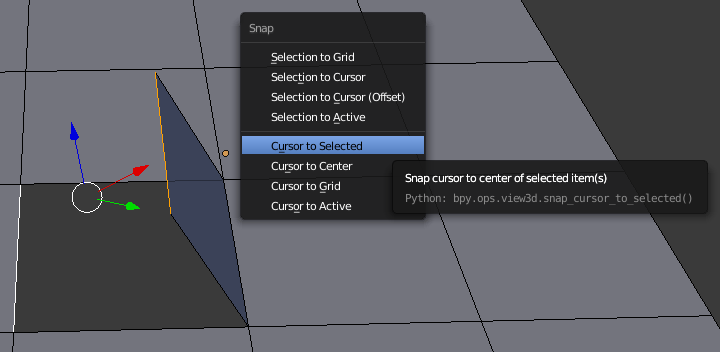 Shift + S menu, entry 'Cursor to Selected'