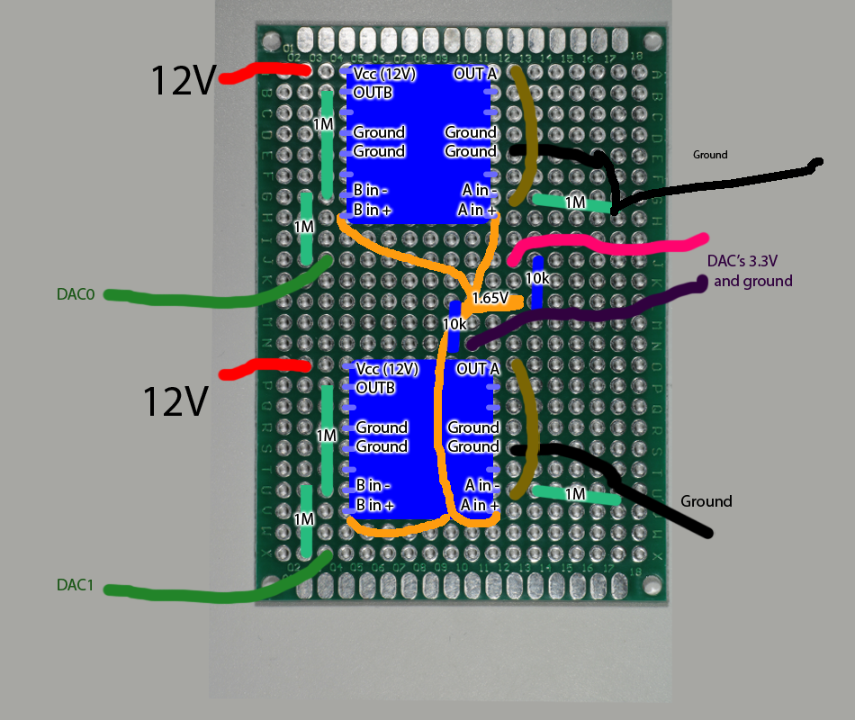 almost-working inverting buffer, with cross-talk.  Output wires omitted for clarity