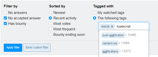 filter panel with the text 'dash typescript' in the 'the following tags' input, and the results highlighting the word 'not'