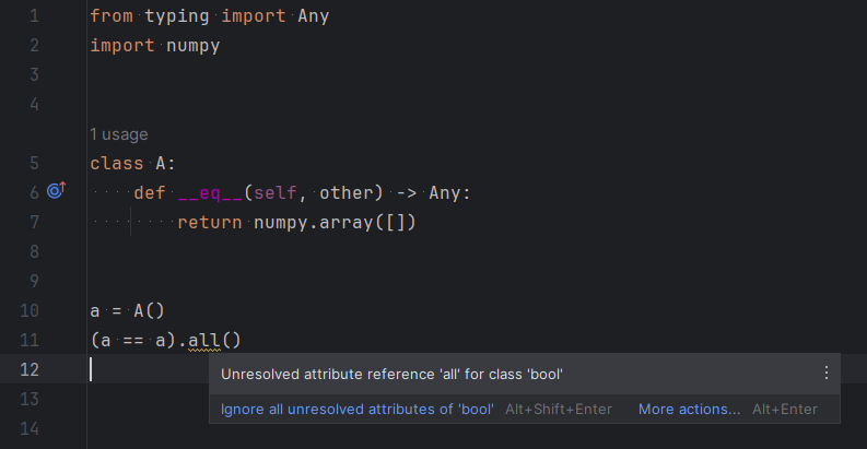 Screenshot showing equality operator assumption of bool return type