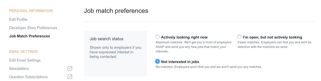 Job search status determines if recommendations are shown