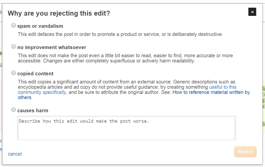 suggested edit review queue reject reasons