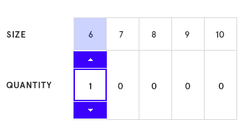 on the click: up and down arrows to change the quantity of the Size 6