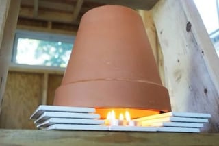 heating system in which tea candles heat a combination of ceramic flower pots