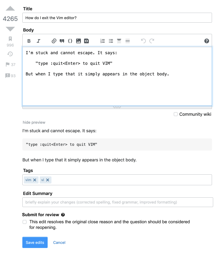 Standard question edit screen, with new addition, for a new edit. Between the edit summary and the "Save edits" button, there is a label "Submit for review" with a help button labeled "?". Below this is a checkbox, which has the text next to it: "This edit resolves the original close reason and the question should be considered for reopening."