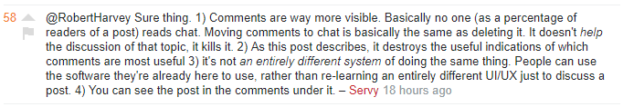 Comment from Servy to Robert Harvey listing four reasons they prefer comments to chat.