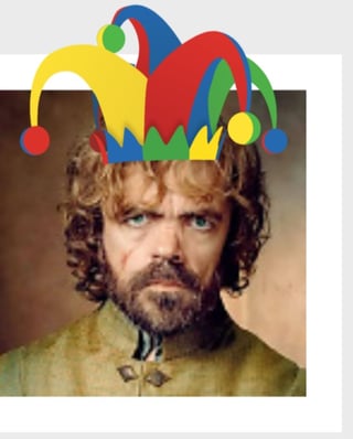 Image of my profile picture containing Peter Dinklage as Tyrion Lannister with Just Jesting hat