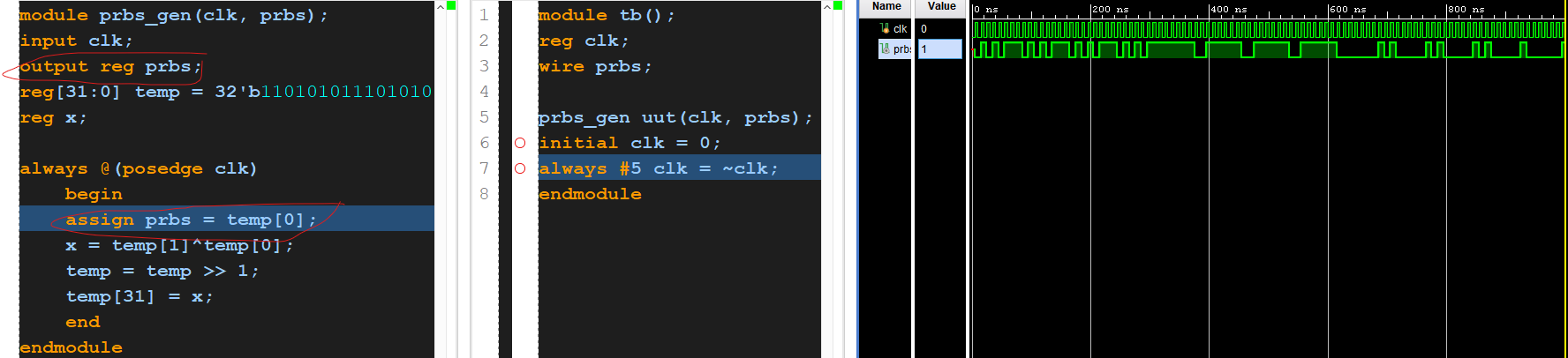 Output is reg and blocking assignment with "assign" keyword