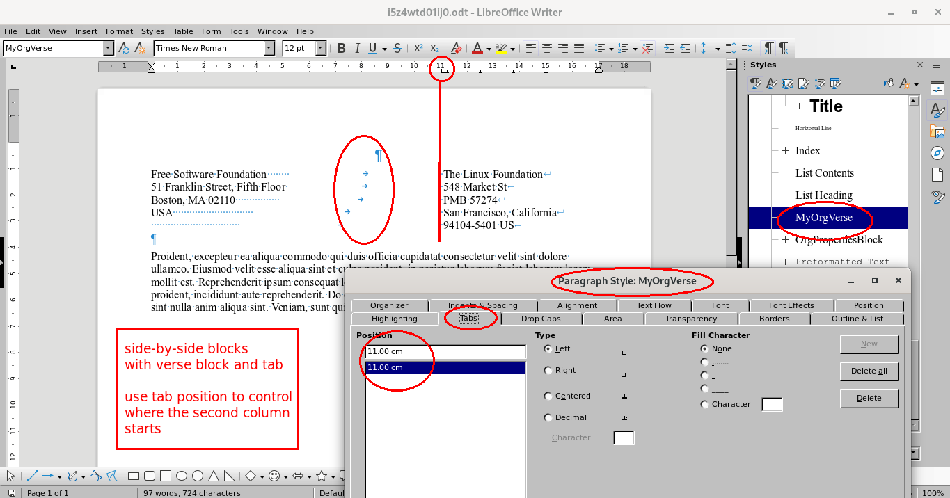 Side-by-Side text using Verse Block and Tab