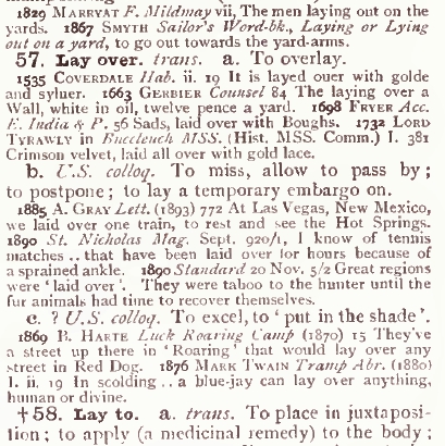 The definition of 'lay over', sense 57c of 'Lay' in OED