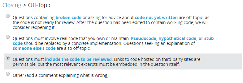 Questions must include the code to be reviewed