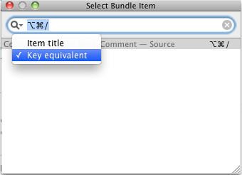 Using the Select Bundle Item search dialog to find commands bound to key combinations