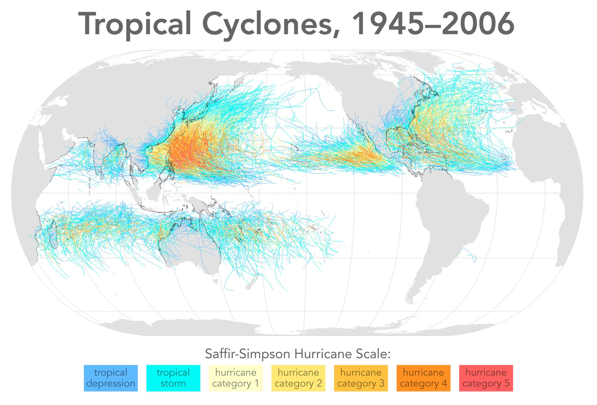 Tropical Cyclone tracks from 1945 to 2006, showing a distinct gap at the equator