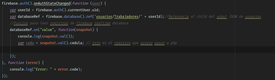 Aqui recibo el dato de realtime database de firebase, y se almacena mi dato cedula en, cedu