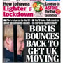 Daily Mail front page. Headline "BORIS BOUNCES BACK TO GET UK MOVING"