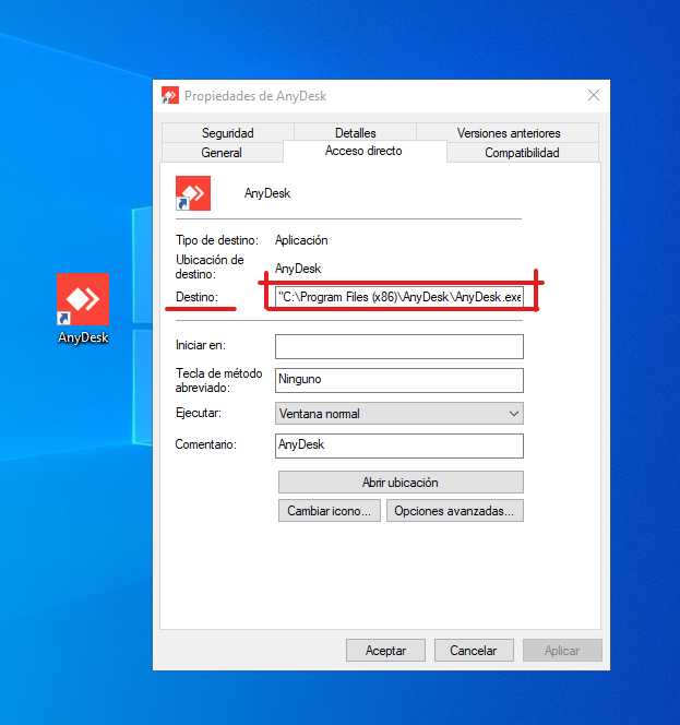 Ejemplo de un acceso directo de Anydesk