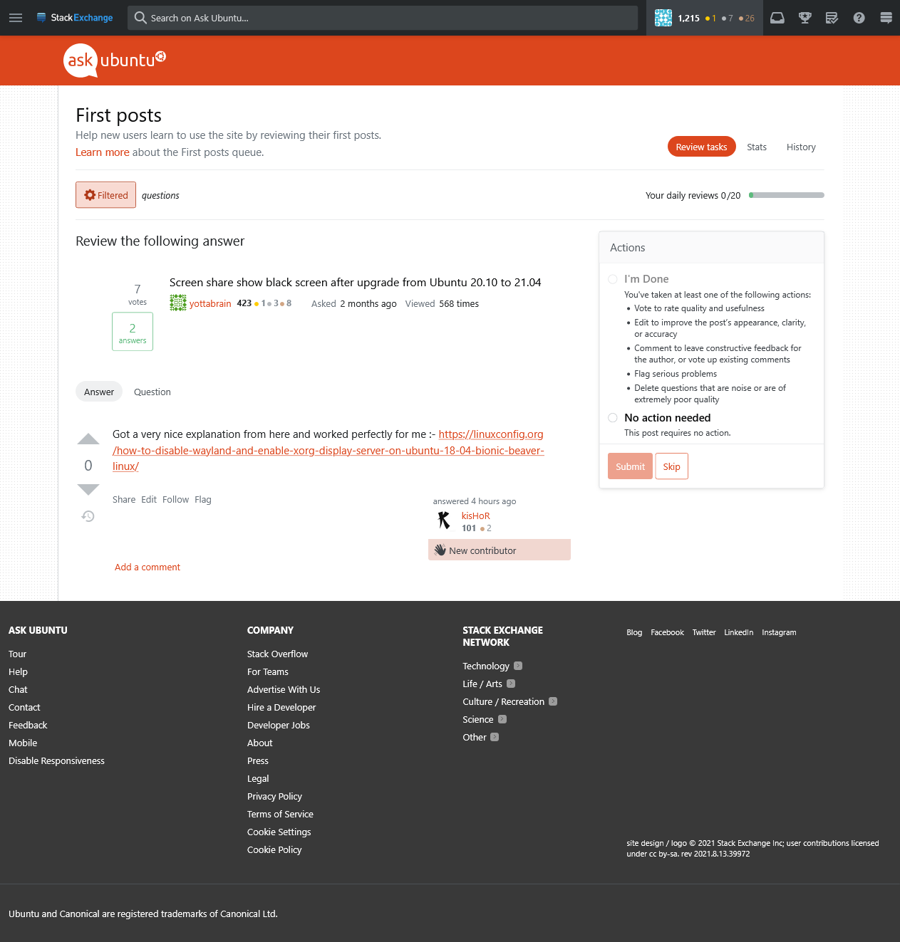Screenshot of the First posts review queue: https://askubuntu.com/review/first-posts/1163303