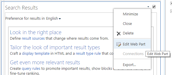 Edit properties for the Search Results web part