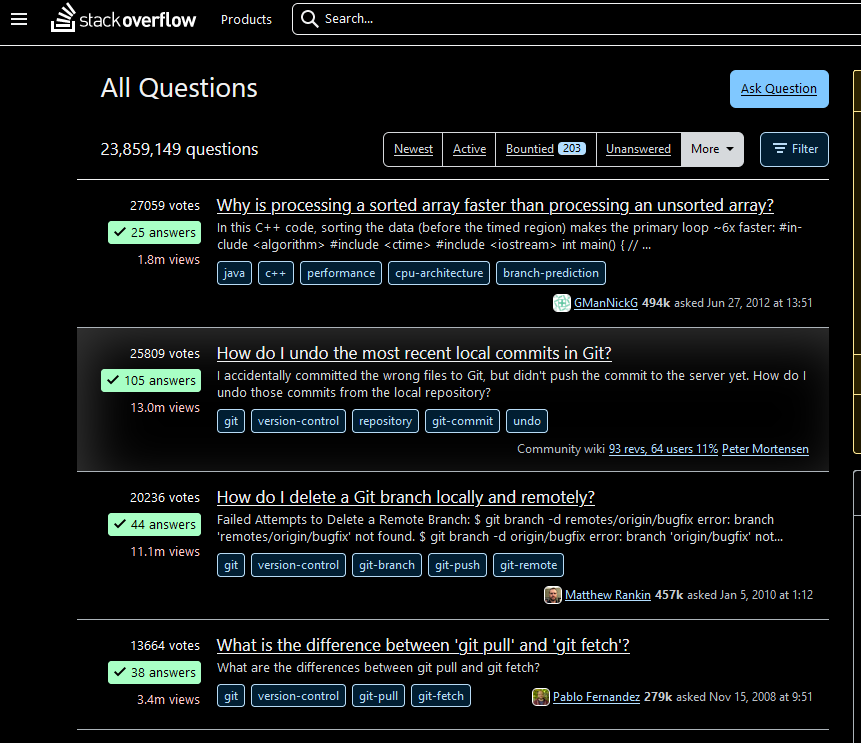 High contrast dark mode with the second of four questions selected. The white highlight on black background is possible to see.