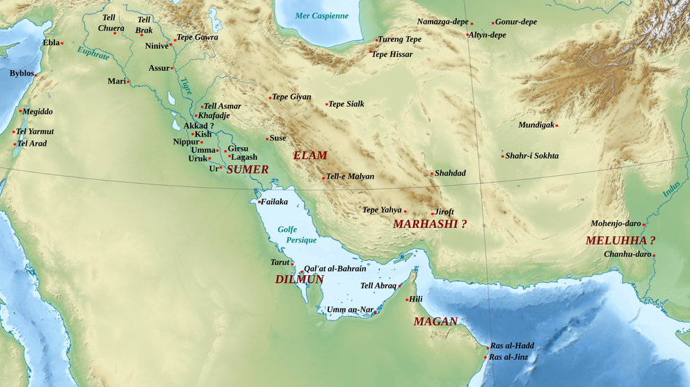 ancient map showing Sumer, Marhashi, Elam, Magan, Meluha