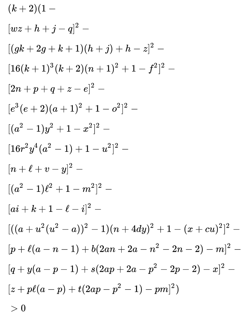 polynomial inequality from https://en.wikipedia.org/w/index.php?title=Formula_for_primes&oldid=885633999#Formula_based_on_a_system_of_Diophantine_equations