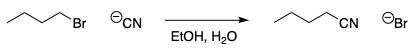 Reaction of 1-bromobutane with cyanide in ethanol/water to form pentanenitrile