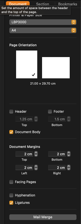 Screenshot of the Document Margins Setting, that I want to change